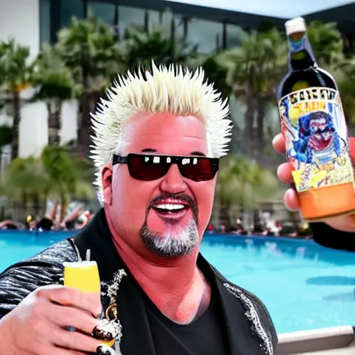 Image similar to guy fieri as thanos drinking a white claw at the pool