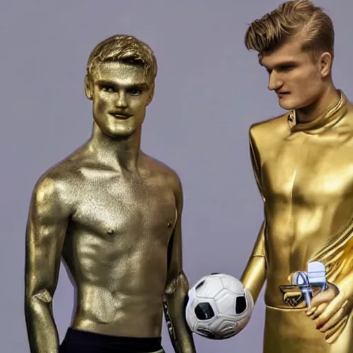 Image similar to a realistic detailed photo of a guy who is an attractive humanoid who is half robot and half humanoid, who is a male android, soccer players martin ødegaard & timo werner, shiny skin, posing like a statue, blank stare, by the pool, on display, showing off his muscles, gold soccer shorts, no jersey, statue, many copies of them