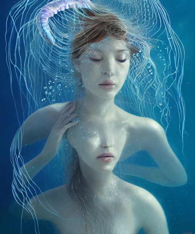 Image similar to underwater portrait of a goddess mermaid with (reaction diffusion) scaled fish skin Bioluminescent phoenix jellyfish, energy rays, Her breath shot a haze of steam out into the frosty morning air concept, soft light, soft mood, realistic body features and face, illustration,intricate ornament halo, painting oil on canvas by Elena Zhurikhina and Goro Fujita and Charlie Bowater, octane render trending on artstation, 4k, 8k, HD