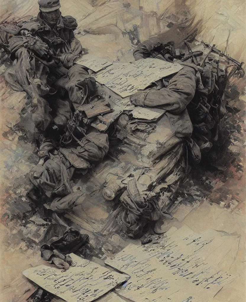 Image similar to a painting of lots of words in a hand written letter by a soldier in el alamein battle, war wwii, explosions, black and white, jeremy mann, alphonse mucha