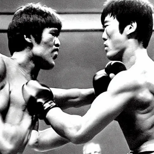 Image similar to bruce lee fighting a heavyweight champion, ufc broadcast, pay per view