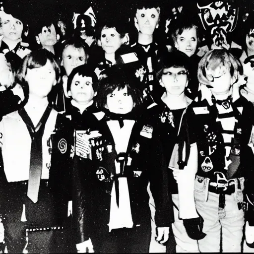 Image similar to Satanic States of America, alternate history, 1980s, boy scouts, goth boy scouts, Satanic boy scouts, black clothing, occult ritual, 1987, 16mm photograph