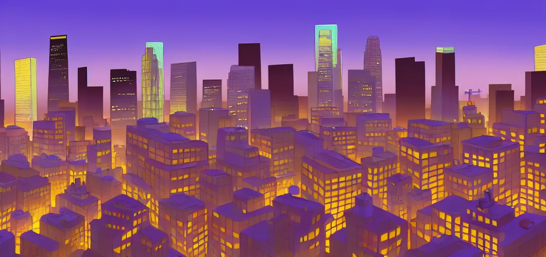 Prompt: los angeles cityscape, visual development by lou romano and dice tsutsumi, evening, pixar, dynamic lighting