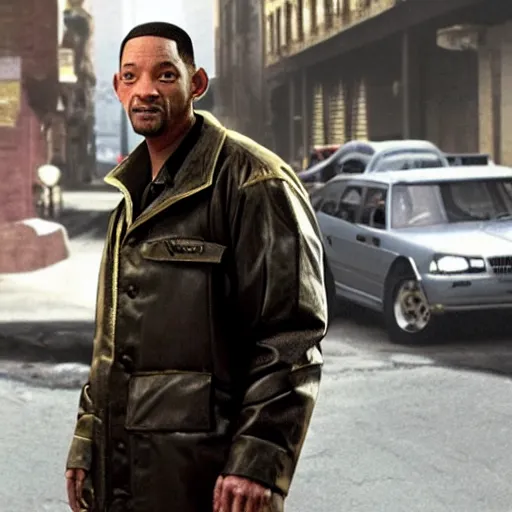Image similar to film still of will smith dressed like niko bellic (character from Grand Theft Auto IV), photorealistic