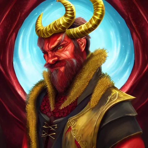 Image similar to dnd portrait of a tiefling, male, red scales, a big black beard, completely golden eyes, 2 long curved horns growing out of his forehead,