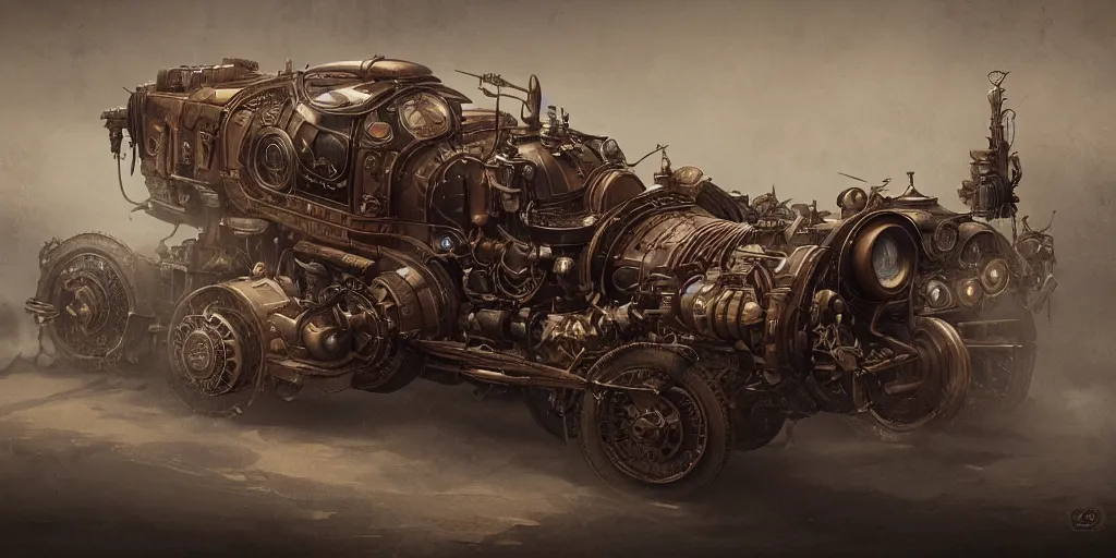 Image similar to steampunk vehicle design, character sheet, Moebius, Greg Rutkowski, Zabrocki, Karlkka, Jayison Devadas, Phuoc Quan, trending on Artstation, 8K, ultra wide angle, zenith view, pincushion lens effect