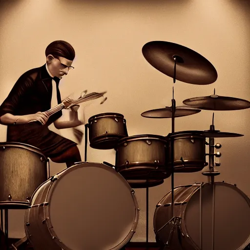 Image similar to 1940's musician playing drums, photorealistic art, hd, 8k, cinematic lighting, intricate details, high definition