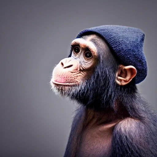 Image similar to cute chimpanzee using a wool cap. Studio photography