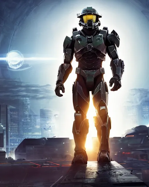 Image similar to off angle beautiful full body shot film still of master chief at night in science fiction city hard surface modeling unreal redshift