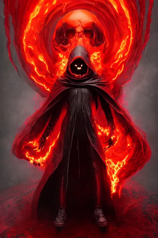 Image similar to A full body portrait of a mysterious character with a flaming skull with a very long hooded blood red and black cloak, tentacles coming out the ground art by Maciej Kuciara and Cedric Peyravernay, ominous, cosmic horror, trending on artstation, Ultra detailed, hyper realistic 4k