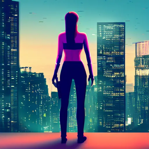 Prompt: cyberpunk girl looking to the city at sunset