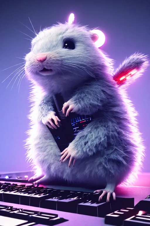 Image similar to high quality 3 d render very cute fluffy cyborg!! rat! plays keyboard, cyberpunk highly detailed, unreal engine cinematic smooth, in the style of blade runner & detective pikachu, hannah yata charlie immer, moody light, low angle, uhd 8 k, sharp focus