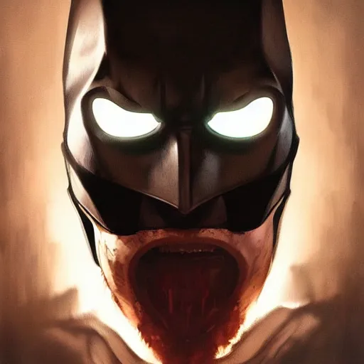 Prompt: a hyper realistic portrait painting of the batman, glowing eyes, creepy, backlight, horror vibe, real, realistic lighting in the style of greg rutkowski, trending on artstation,