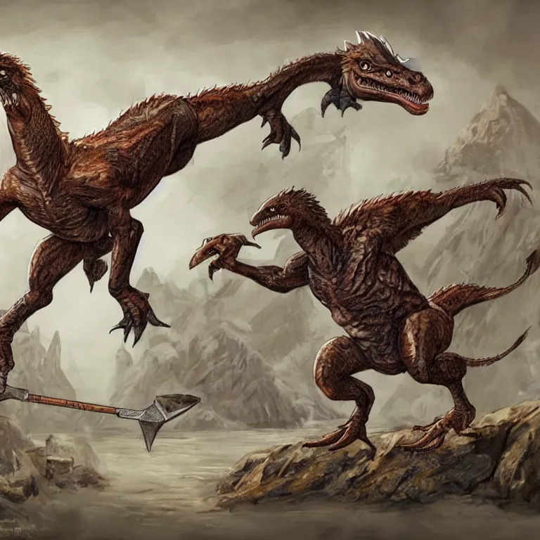 Image similar to a fantasy velociraptor jumping on a d & d barbarian, rpg book illustration