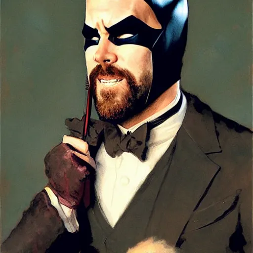 Prompt: ryan reynolds ( ( ( ( ( ( beard ) ) ) ) ) ), ( ( ( ( facial hair ) ) ) ), putting on a batman costume, painting by gaston bussiere, craig mullins, j. c. leyendecker