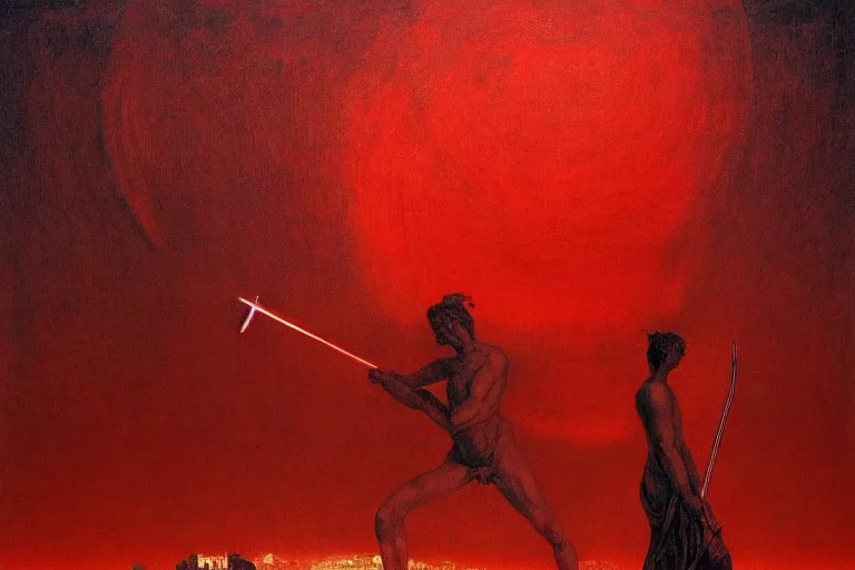 Image similar to only with red, a red melted apollo with a laurel wreath and a flaming sword announce win, athens in background, in the style of beksinski, parts by edward hopper, parts by rodcenko, parts by yue minjun, intricate and epic composition, red by caravaggio, insanely quality, highly detailed, masterpiece, red light, artstation, 4 k