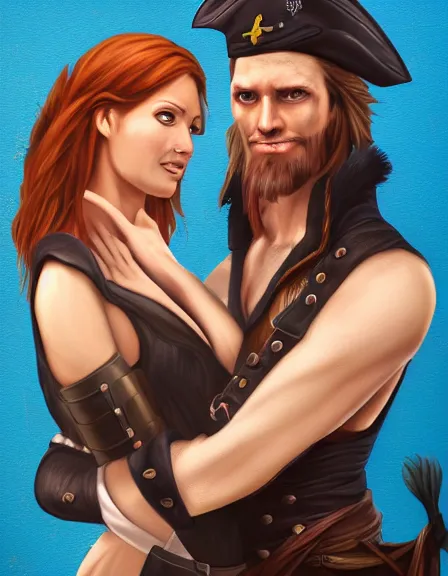 Image similar to couple in love. fully clothed armed female pirate captain, rachel wall, with a male pirate partner, sun, summer, blue eyes, beauty, wisdom, love, strength, knowledge, smart, portrait, symmetrical, highly detailed, digital painting, artstation, smooth, sharp focus, illustration, strength, latino art. 8 k