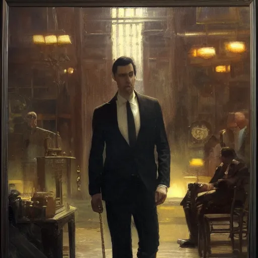 Image similar to detailed cinematic wide shot of sucession atractive man black hair black suit smooth, sharp focus, ultra realistic, in corporate office spring light, painting by gaston bussiere, craig mullins, j. c. leyendecker