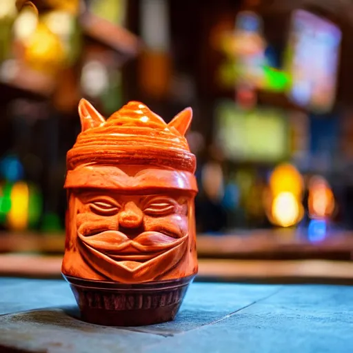 Image similar to a closeup photorealistic photograph of an orange cat garfield style tiki mug sitting at a trader vic's bar featuring garfield's face. tiki party. bright scene. fine detail. this 4 k hd image is trending on artstation, featured on behance, well - rendered, extra crisp, features intricate detail, epic composition and the style of unreal engine.