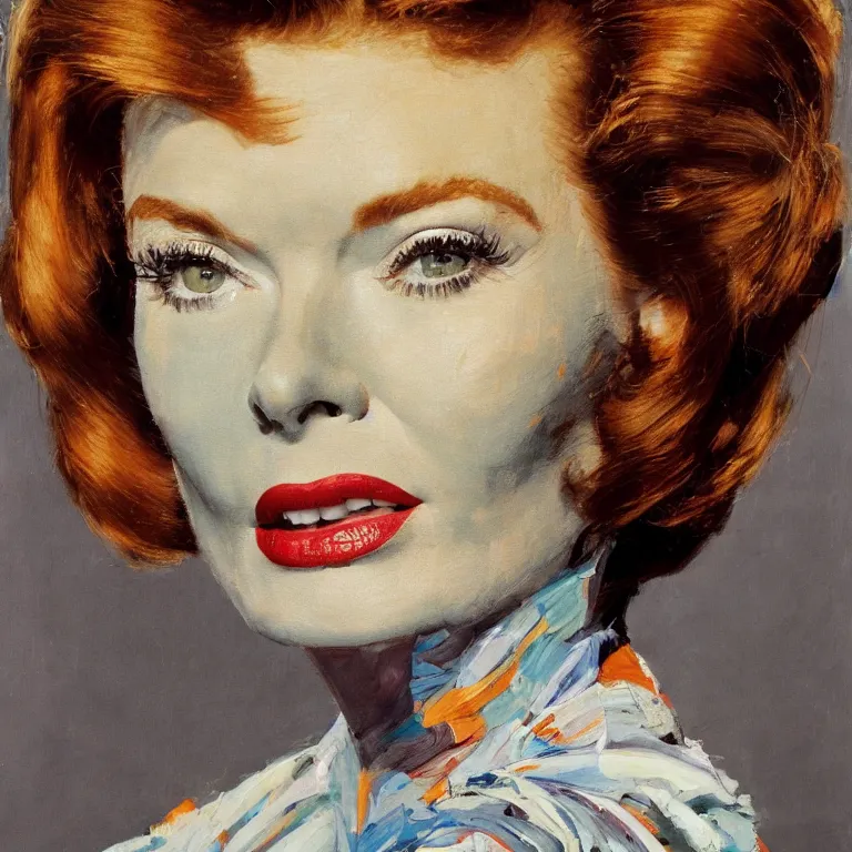 Image similar to close up studio portrait of Katherine Hepburn, age 30, gorgeous face, wearing an Issey Miyake dress in 1985, impasto heavy brushstrokes oil painting by Norman Rockwell and Tim Hawkinson and Cy Twombly, Intense colors trending on artstation dramatic lighting Expressionism