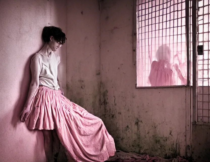 Image similar to photo a man in a short pink skirt, in jail, dirty room, lattice in the foreground by jean giraud, monia merlo