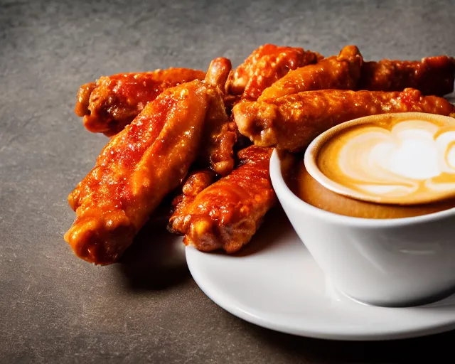 Image similar to hot wings covered in cheese next to a cup of coffee , Cinematic shot, 8k resolution