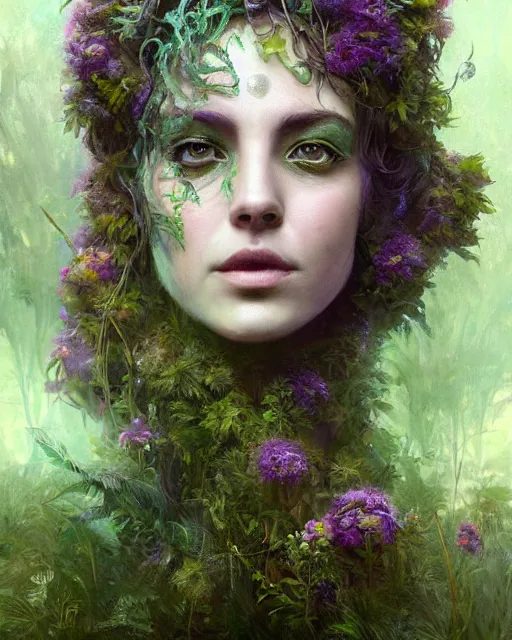 Prompt: portrait of woman queen dryad made of plants weed and trees, fantasy character portrait full body concept art, intricate details, volumetric neon purple lights in the mist by greg rutkowski, gaston bussiere