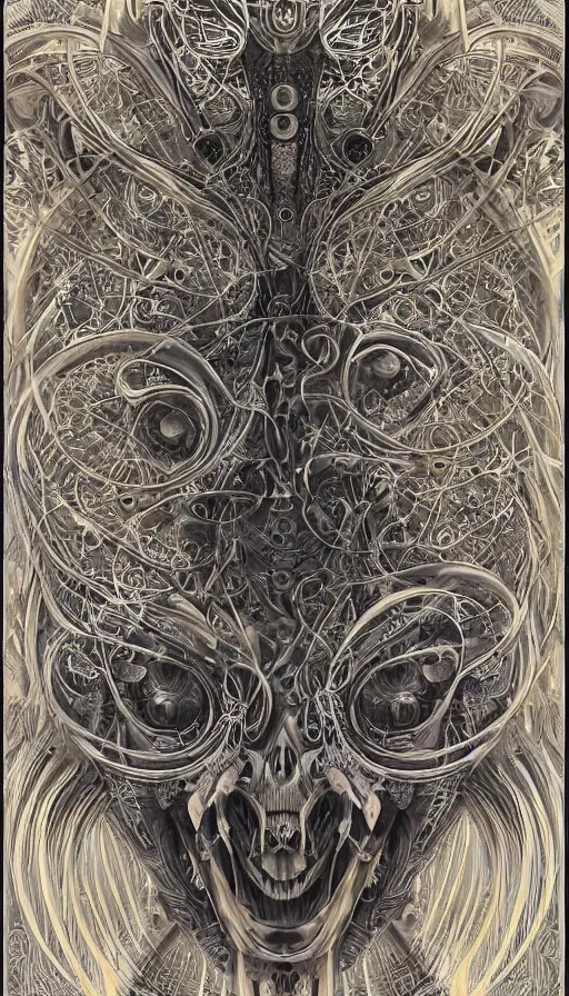 Image similar to ancient biomechanical hybrid majestic praying shaman fantasy cyber human beautiful symmetrical face mask closeup face mask tattoo pattern golden ratio concept, deep forest psytrance Neo-Gothic concept, infinity glyph swirling waves, intricate artwork masterpiece, very coherent artwork, cinematic, full frontal facial features by Artgerm, Takato Yamamoto, Zdizslaw Beksinski, Johnatan Wayshak, Moebius, H.R. Giger, Ayami Kojima, very coherent artwork, trending on cgsociety, ultra high quality model, production quality cinema model, high detail chromatic ink outline, octane render, unreal engine, 8k mandelbulber fractal, hyper realism, high detail, octane render, unreal engine, 8k, High contrast, highly detailed black ink outline