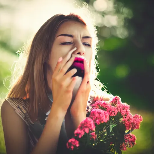 Prompt: , a photo of a beautiful lady with flowers coming out of her mouth 5 0 mm lens, f 1. 4, sharp focus, ethereal, emotionally evoking, head in focus, volumetric lighting, blur dreamy outdoor,