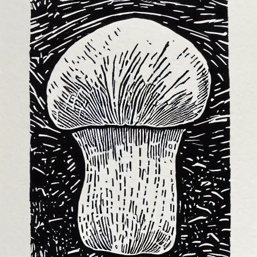 Prompt: a linocut engraving of an intelligent mushroom