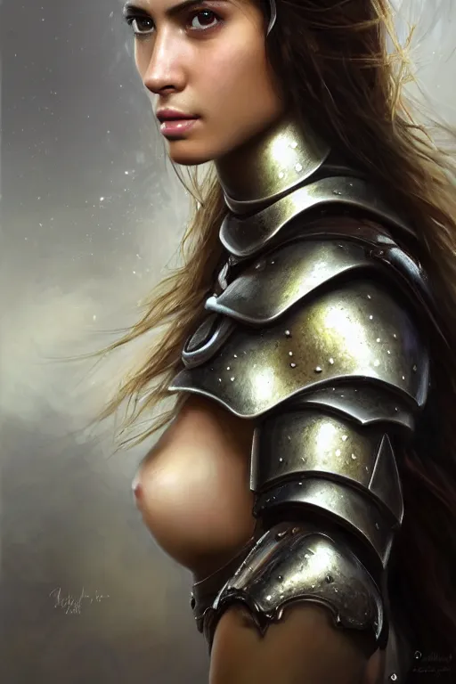 Image similar to a photorealistically painted portrait of an attractive young girl, partially clothed in metal-plated battle armor, with an abstractly painted background, flawless olive skin, fair complexion, long dark hair, beautiful bone structure, perfectly symmetric facial features, perfect photorealistic eyes, natural physique, intricate, elegant, digital painting, concept art, finely detailed, beautifully illustrated, sharp focus, minimal artifacts, volumetric lighting, from DOOM and Halo, by Ruan Jia and Mandy Jurgens and Artgerm and William-Adolphe Bouguerea, in the style of Greg Rutkowski, trending on Artstation, award winning art