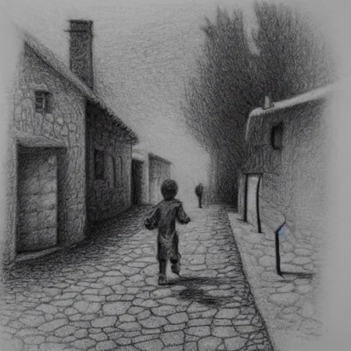 Image similar to rich detailed pencil drawing of little nicholas walking along a lonely village street, by jean - jacques sempe