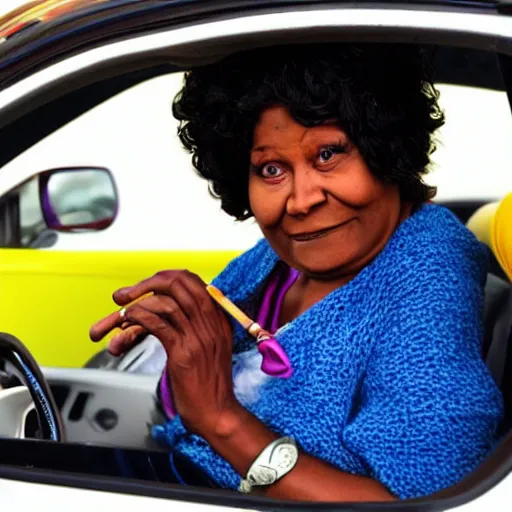 Image similar to old black woman wearing a durug driving whilst smoking a doobie