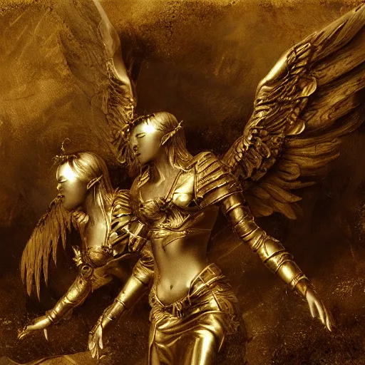 Image similar to fallen angels in golden armour ( gustav dore, artstation, deviantart )