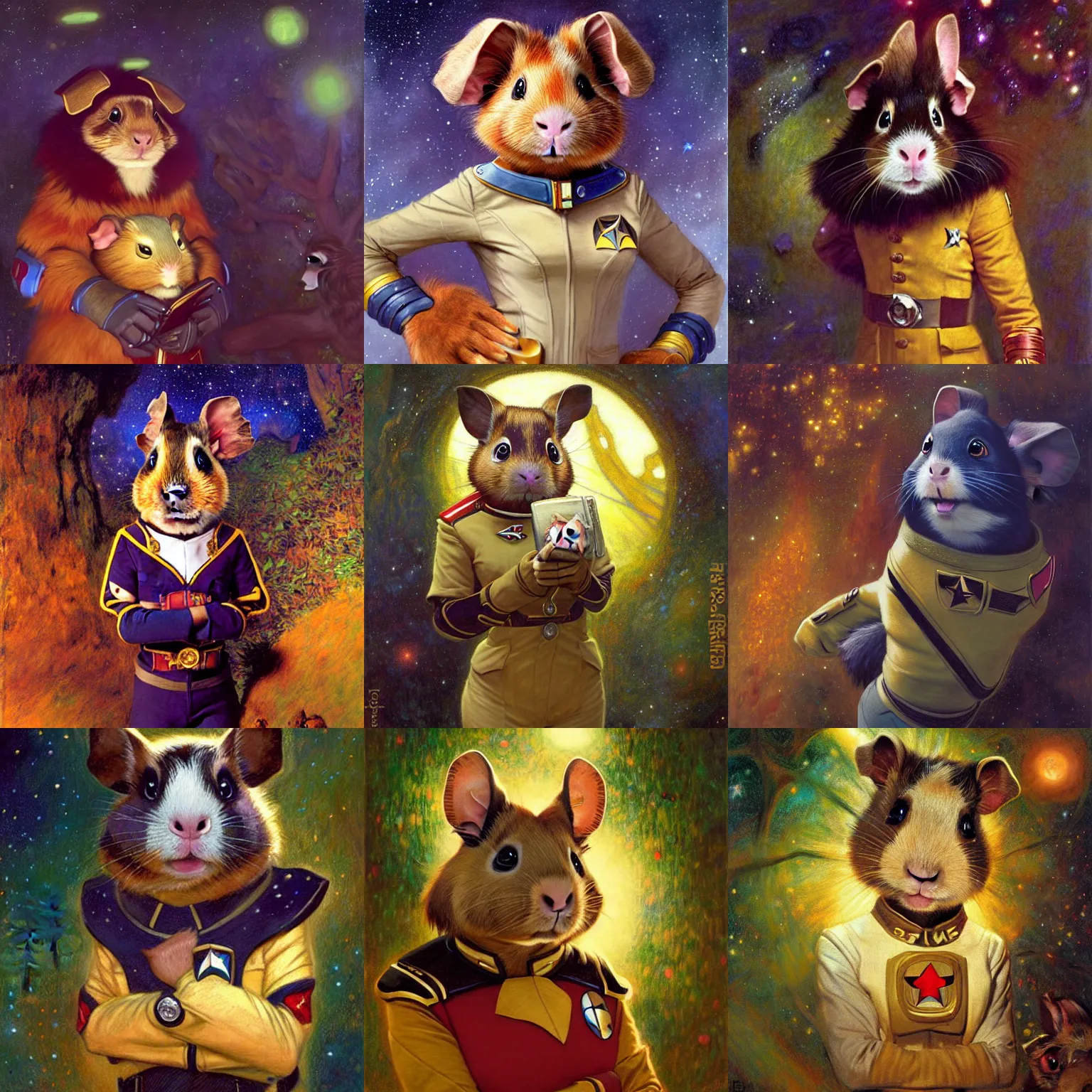 Prompt: a female guinea pig canine in starfleet uniform at night in a dark forest. zootopia fursona furaffinity furry art detailed face painting by gaston bussiere craig mullins jc leyendecker gustav klimt artgerm greg rutkowski furry