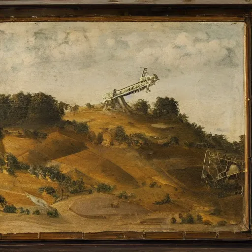 Image similar to a machine with 6 mechanical arms painting a landscape