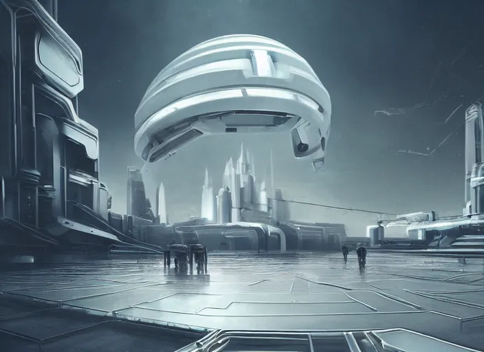 Image similar to cult of technology, exterior, scifi, temple, machines, robots, ultra realistic, transparent labs, metallic surface, highly detailed, white, futuristic landscape, city, utopian architecture, atmosphere, masterpiece, portals, epic lighting, glow, mysterious, 4 k, cinematic, art by patryk olkiewicz and chris ostrowski and liang yao