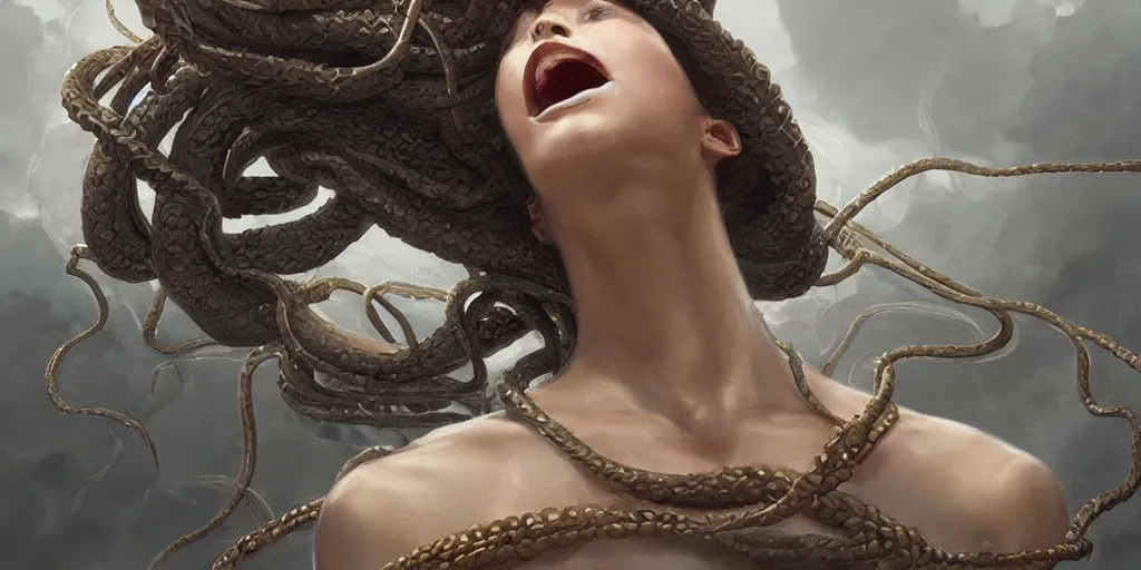 Image similar to medusa, highly detailed, low camera angle, point of view looking up from below, beautiful, mesmerising, look of desire, loving stare, battle action shot, digital painting, trending on artstation, concept art, 4 k, sharp focus, illustration, art by greg rutkowski