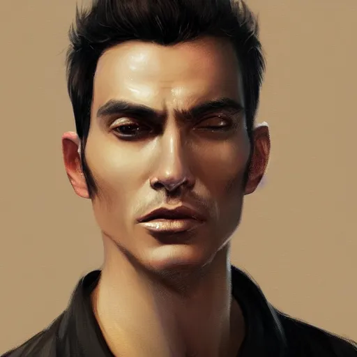 Image similar to portrait of a man by greg rutkowski, he is about 3 0 years old, short black hair with bangs, his features are peruvian, very tall and slender, he is wearing a beige and black utility jumpsuit, highly detailed portrait, digital painting, artstation, concept art, smooth, sharp focus ilustration, artstation hq