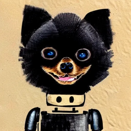 Image similar to a cute black robot pomeranian!!!. ( ( ( alcohol ink on parchment, muted colors, shading!!!, detailed, textured parchment background, 1 9 5 0 s concept art ) ) )