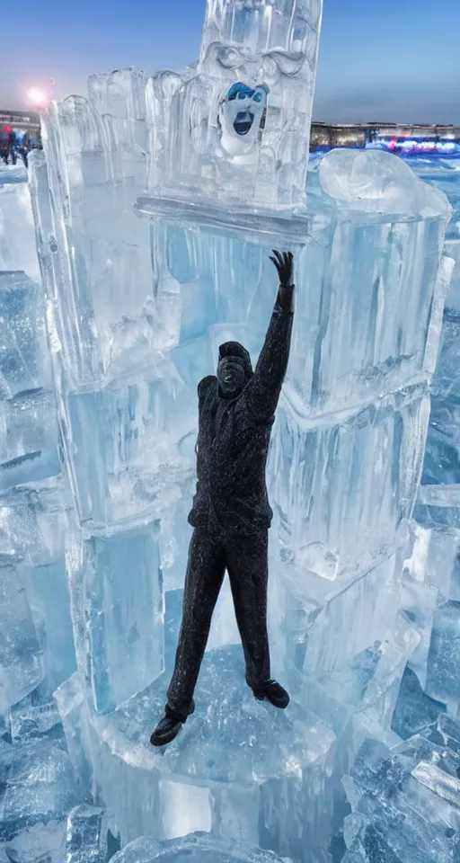 Image similar to dramatic photo, full body statue of rapper'ice cube'frozen in ice at harbin ice festival, full body, wide angle photo, award winning, aurora borealis