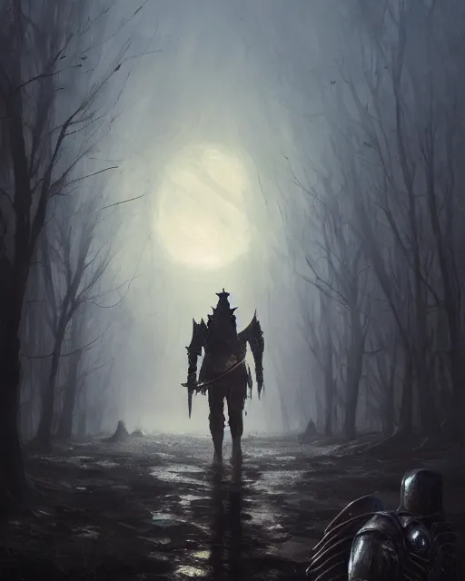 Prompt: Hyper realistic oil painting of an undead knight, knight in the foreground, fog, volumetric lighting, nighttime, moonlight, creepy, by greg rutkowski