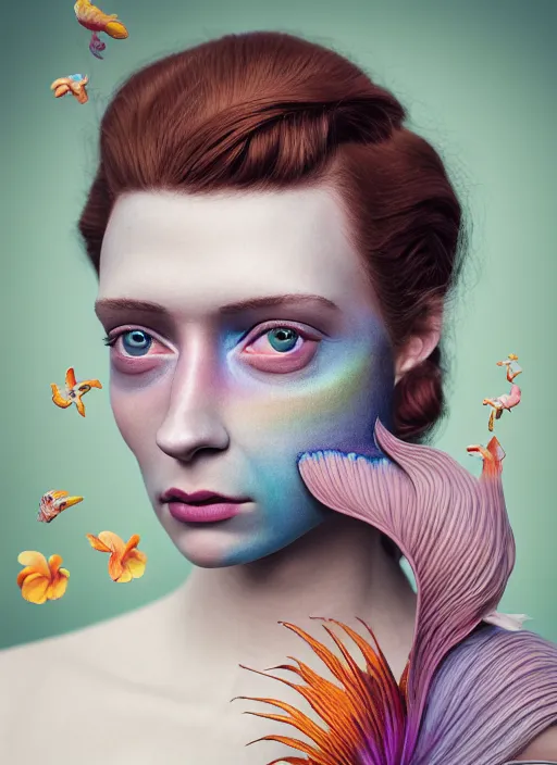 Image similar to Kodak Portra 400, 8K, soft light, volumetric lighting, highly detailed, fine art portrait photography in style of Flora Borsi, britt marling style 3/4 face morphing with pastel colors tropical fishes, metamorphosis complex 3d render , 150 mm lens, art nouveau fashion embroidered, intricate details, elegant, hyper realistic, ultra detailed, octane render, etheric, outworldly colours, emotionally evoking, head in focus, fantasy, ornamental, intricate, elegant, 8K, soft light, volumetric lighting, highly detailed, Refined, Highly Detailed, soft lighting colors scheme, fine art photography, Hyper realistic, photo realistic