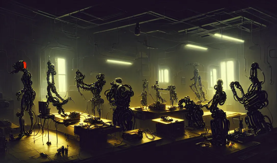 Prompt: robot repair workshop, art of vitaly bulgarov, cyberpunk tech, ultrarealistic, futuristic, three point lighting, dramatic lighting, electrical details, high details, 4 k, 8 k, best, accurate, trending on artstation, photorealism, digital painting, style of peter mohrbacher, caravaggio