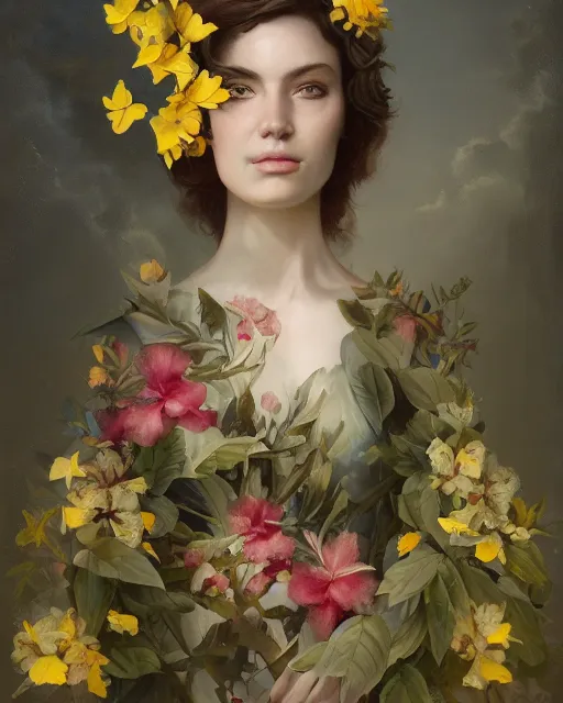 Prompt: a beautiful fine art portrait photo of a military general covered by hibiscus, daffodils, hydrangea, montsera leaves by tom bagshaw and zach sutton, very detailed, artstation, 8 k