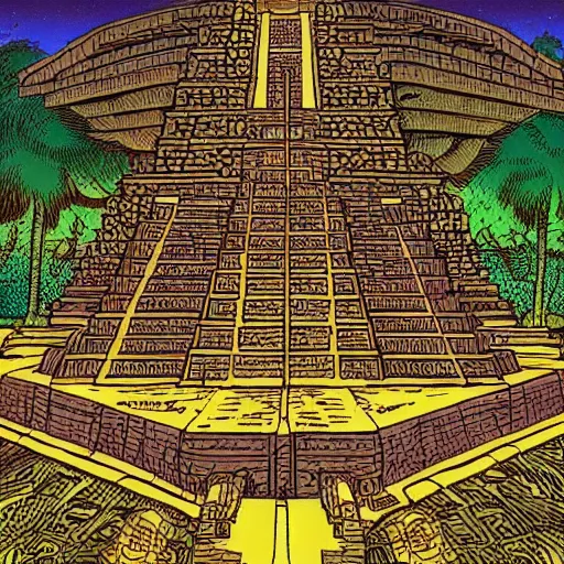 Image similar to precisely drawn illustration of a Mayan temple, wide angle, sharp, fine details, French comic style, cyberpunk, intense line art, 8k, precise linework, realistic, in the style of Richard Corben and Moebius