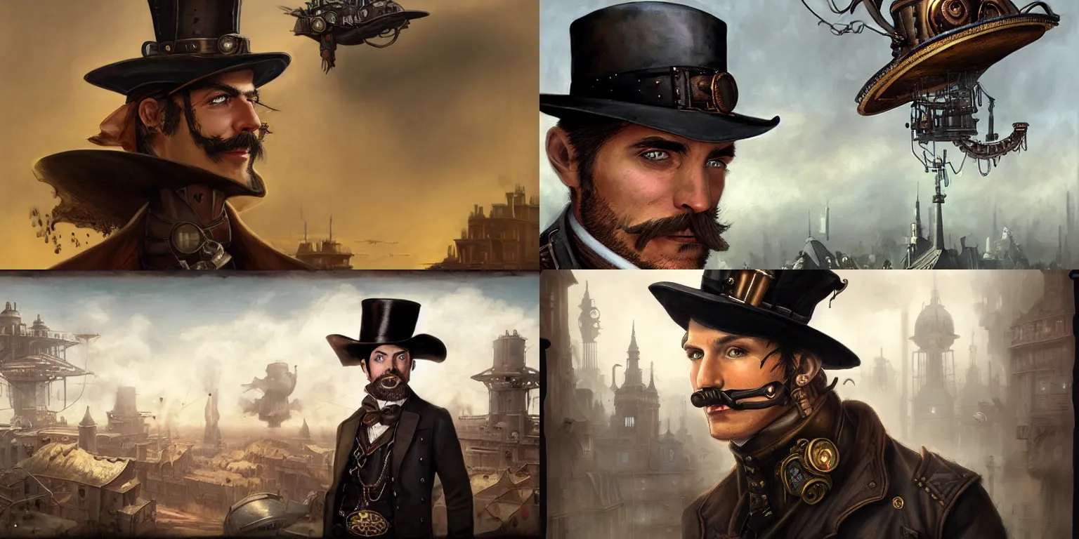 Prompt: headshot portrait of a steampunk gentleman gunslinger in hat posing on roof, matte painting of steam machines airships on background, by Antonio Caparo and tyler edlin and lindsey look, victorian, concept art, steam romance, steam-punk illustration, detailed, 4k resolution, trending on artstation