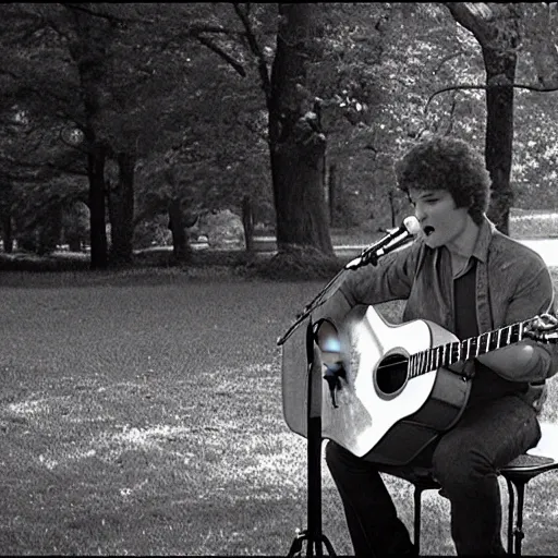 Prompt: Tim Buckley singing in a park, Cinematography by Roger Deakins