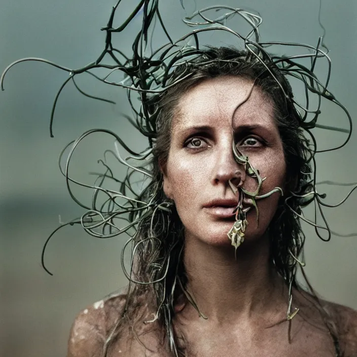 Image similar to closeup portrait of a woman with wire and lilies growing out of her face, standing in a desolate apocalyptic city, by Annie Leibovitz and Steve McCurry, natural light, detailed face, CANON Eos C300, ƒ1.8, 35mm, 8K, medium-format print