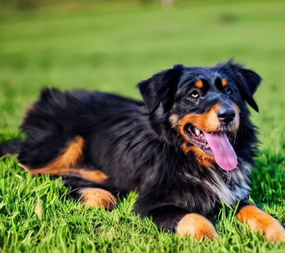 Prompt: a cute! black australian shepherd dog lying in grass, bokeh